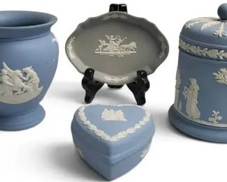 Wedgwood Jasperware Blue Vase, Blue Heart Box, Blue Lidded Jar, Gray Dish
