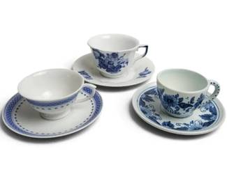 Vintage Porcelain Cup Saucer Set Lot of 3 by Various Makers Blue White Floral Tea Cups 6 Pcs