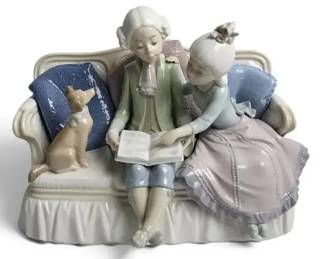 Lladro Story Time Porcelain Figurine Boy Girl Reading on Sofa with Cat Dog Spanish Figurine