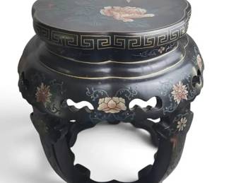 Vintage Asian Black Lacquer Drum Accent Table Hand Painted Floral Pedestal Stand with Lid Decor
