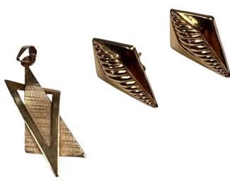 Vintage 14K Gold Geometric Pendant Matching DiamondShaped Earrings Fine Jewelry 3 Piece Set