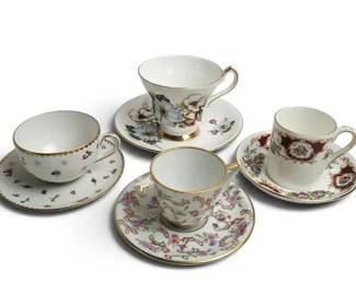Vintage Porcelain Cup Saucer Lot of 4 Various Makers Floral Gold Trim Tea Cups 8 Pieces Total