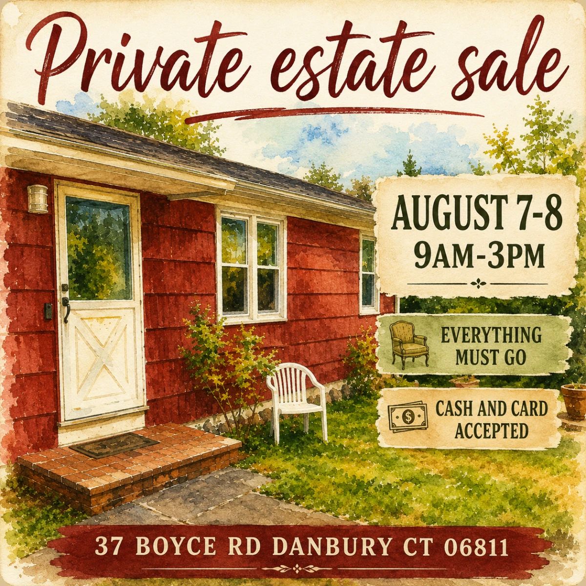 Private Estate Sale in Danbury, CT – Join us August 7–8 from 9:00 AM to 3:00 PM at 37 Boyce Rd, Danbury, CT 06811. Shop an entire home filled with quality furniture, antiques, vintage treasures, collectibles, household goods, tools, home décor, kitchenware, artwork, and unique one-of-a-kind finds. Everything must go! Cash and credit cards accepted. Don't miss this Connecticut estate sale packed with hidden treasures for collectors, decorators, resellers, and bargain hunters.