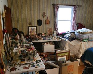 Browse a wonderful assortment of vintage glassware, framed artwork, collectibles, linens, decorative accessories, figurines, pottery, kitchenware, and unique household treasures at this Danbury, CT private estate sale. This room is filled with one-of-a-kind vintage finds, home décor, framed prints, and quality estate items perfect for collectors, antique enthusiasts, decorators, and resellers. Every table offers new treasures to discover—everything must go!