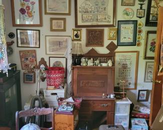 Discover a beautiful collection of framed artwork, needlepoint, embroidery, cross-stitch, vintage prints, decorative wall art, and quality wood furniture at this Danbury, CT private estate sale. This room also features a charming secretary desk, home décor, collectible figurines, accent pieces, and unique vintage treasures. A wonderful opportunity for antique lovers, crafters, home decorators, collectors, and resellers searching for one-of-a-kind estate sale finds. Everything must go!