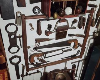 Antique tool collectors won't want to miss this impressive display of vintage woodworking tools, hand saws, braces, auger bits, planes, drawknives, spoke shaves, carpenter's tools, primitive farm tools, and hard-to-find workshop collectibles at this Danbury, CT private estate sale. This wall is packed with quality antique hand tools, early hardware, and rustic Americana perfect for woodworkers, craftsmen, collectors, decorators, and resellers searching for authentic vintage tools. Everything must go!