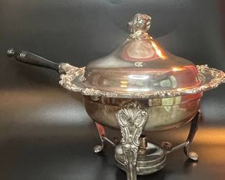 Vintage Silver Plated Chafing Dish with Ornate Scrollwork and Paw Feet