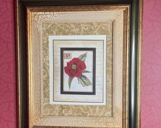 Vintage French Script Floral Print in Ornate Gold Frame