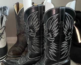 Black Leather Western Boots with White Contrast Stitching and Vibram Soles