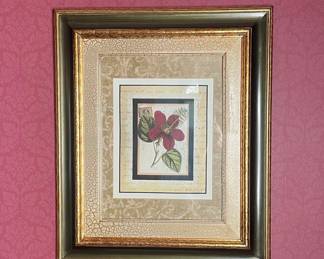 Vintage French Script Floral Print in Ornate Gold Frame