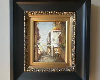 European Street Scene Oil Painting with Ornate Gilt Frame
