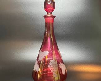 Vintage Cranberry Glass Decanter with Etched Grape Pattern 