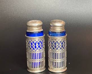 Vintage Sterling Silver Overlay Cobalt Blue Glass Salt and Pepper Shakers
