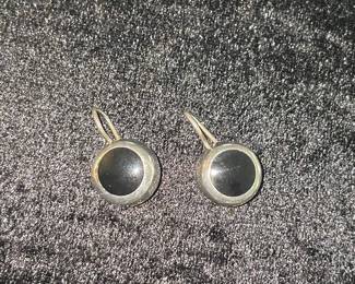 Sterling Silver and Black Onyx Round Cabochon Drop Earrings