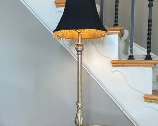 Vintage Brass Candlestick Buffet Lamp with Beaded Fringe