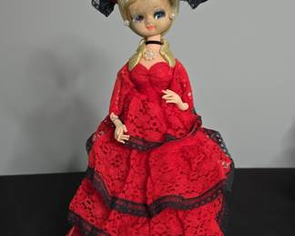Vintage Spanish Flamenco Style Doll in Red Lace Gown
