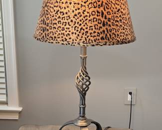 Wrought Iron Twisted Stem Tripod Table Lamp with Leopard Print Shade
