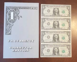 U.S. Currency Collector Edition Uncut Sheet of Four $1 Federal Reserve Notes - 1995 Series