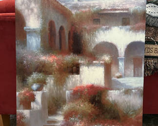 Lot 185: Canvas painting of a Mediterranean courtyard