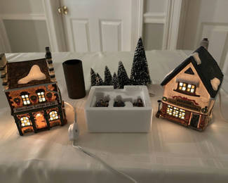 Lot 116: Heritage Village Christmas Scene: Lit Houses, Snowy Trees, and Carolers
