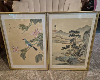 Lot 186: Pair of Framed Chinese Paintings: Bird and Landscape