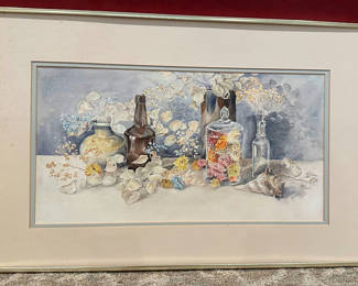 Lot 192: Framed Still Life with Bottles and Flowers sign by Ruth Kulberg