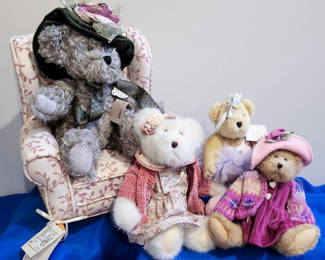 Lot 68: Boyds Bears- Five Plush Teddy Bears with Floral Armchair