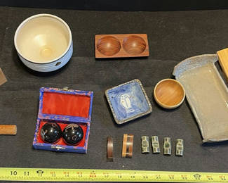 Lot 63: Assorted wooden boxes, ceramics, and carved items