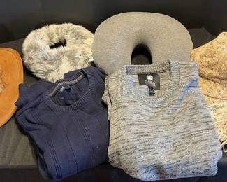 Lot 77: Winter hat, scarves, sweaters, and travel neck pillow