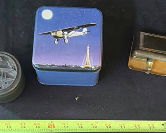 Lot 19: Vintage travel shaving kit with pewter containers and airplane tin