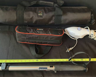 Lot 42: Tripods and camera supports with carrying cases and a Rowenta garment steamer