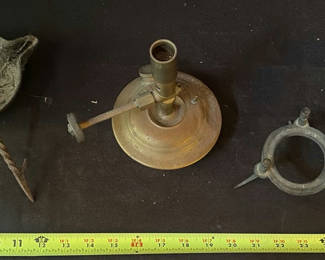 Lot 21: Antique brass lamp burner with ring clamp and base