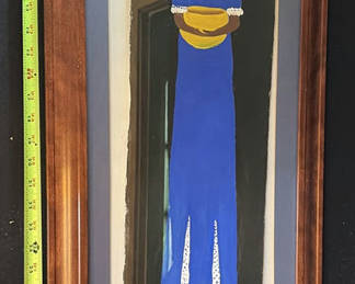 Lot 56: Framed painting by Betty Bennett of a woman in a blue dress holding a yellow bowl