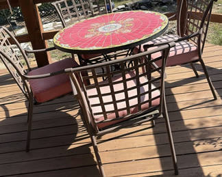 Lot 99: Round Mosaic Patio Table with Four Pink-Cushion Chairs