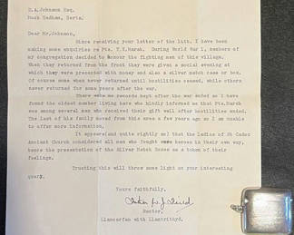 Lot 90: Typed 1978 letter and WWI engraved silver match safe