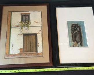 Lot 57: Two Framed Art Pieces: Architectural Façade Scene and Abstract Figure