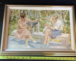 Lot 55: Framed painting of two women with dogs by Pablo Matania
