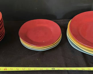 Lot 41: Colorful ceramic Pier One dinner plates (red, blue, yellow, and green)