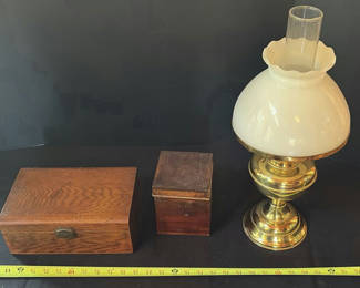 Lot 58: Brass oil lamp with glass shade and two wooden keepsake boxes