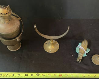 Lot 23: Antique Brass Oil Lamp with Crescent Arm and Accessories
