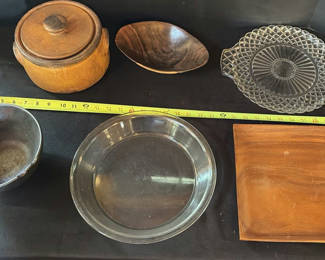 Lot 36: Vintage wooden containers glass plates and metal cookware