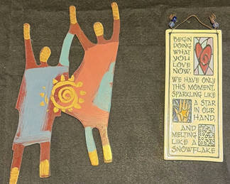 Lot 59: Colorful Abstract Figures and Etched Clay Wall Plaque