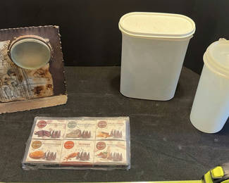 Lot 69: Mixed-media art piece with circular lens and disc, plus storage containers and incense