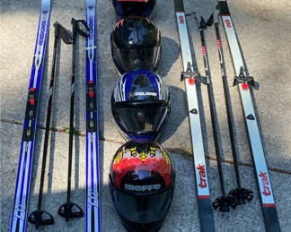 Lot 123: 4 Snow Mobile Helmets, 2 Pair of Snow Skis & Poles