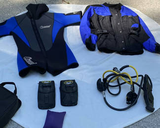 Lot 124: Diving gear set with wetsuits, BCD, and regulator