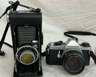 Lot 163: Two vintage film cameras: Kodak Vigilant Junior Six-20 folding camera and Pentax ME Super 35mm SLR