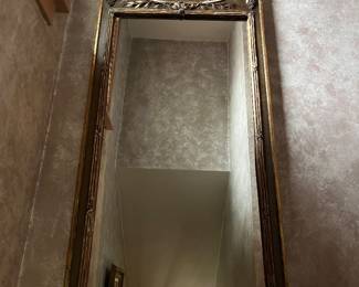 19th-century French Louis XVI style trumeau mirror featuring a giltwood frame and a decorative oil on canvas painting above the mirror plate.