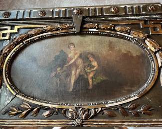 Closer view of the oil on canvas painting above the mirror plate of the 19th-century French Louis XVI style trumeau mirror.