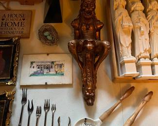 Chalkware wall sculptures; Giambologna wall figurine; many curiosities.
