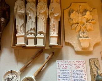 Chalkware wall sculptures; Giambologna wall figurine; many curiosities.